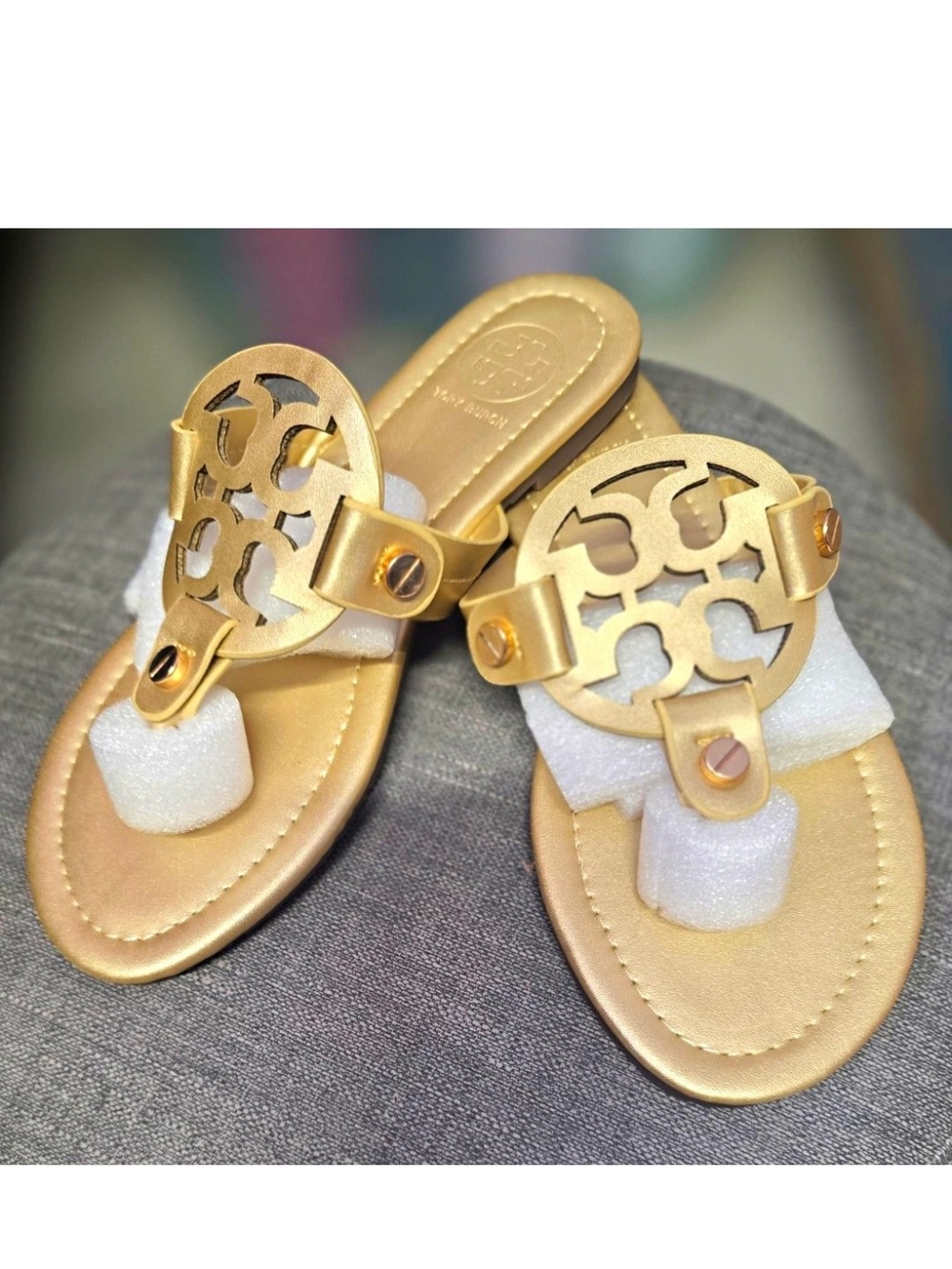 Gold Women's Logo Cutout Thong Sandals